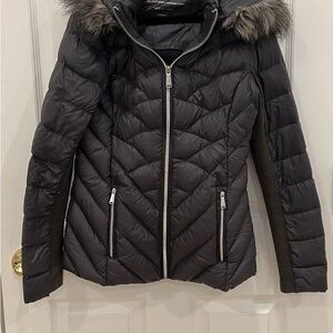 Women's Gray Quilted Jacket with Fur Hood